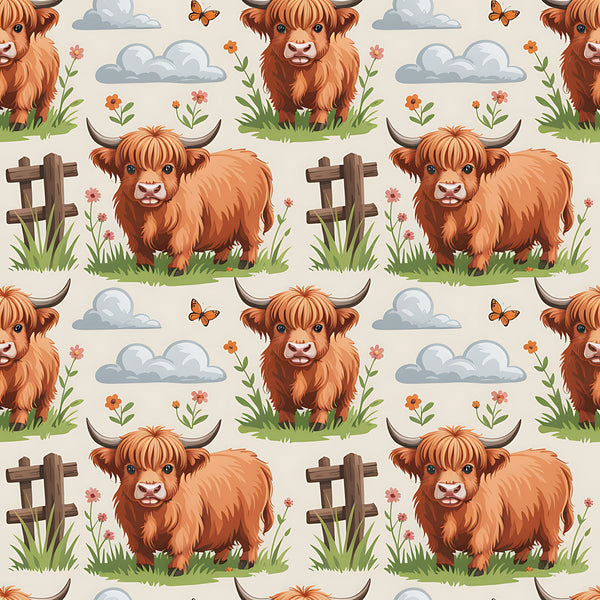 highland cows, cartoon animals, orange fur, rustic brown, pastoral scene, wooden fence, wildflowers, fluffy clouds, butterflies, green grass, farm animals, whimsical illustration,, fabric panel, country theme, adorable cattle, nature elements, soft colors, repeating pattern, children's fabric
