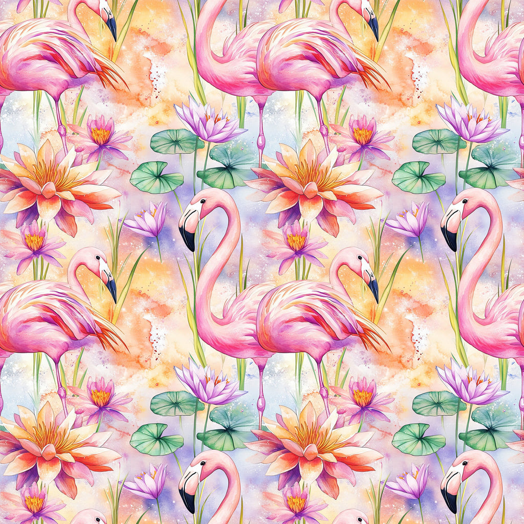 pink flamingos, water lilies, lotus flowers, lily pads, tropical birds, watercolor style, pastel colors, coral pink, lavender purple, sage green, peach orange, aquatic plants, exotic birds, floral pattern, repeating design,, fabric panel, tropical theme, botanical elements, whimsical artwork