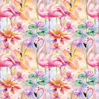 pink flamingos, water lilies, lotus flowers, lily pads, tropical birds, watercolor style, pastel colors, coral pink, lavender purple, sage green, peach orange, aquatic plants, exotic birds, floral pattern, repeating design,, fabric panel, tropical theme, botanical elements, whimsical artwork