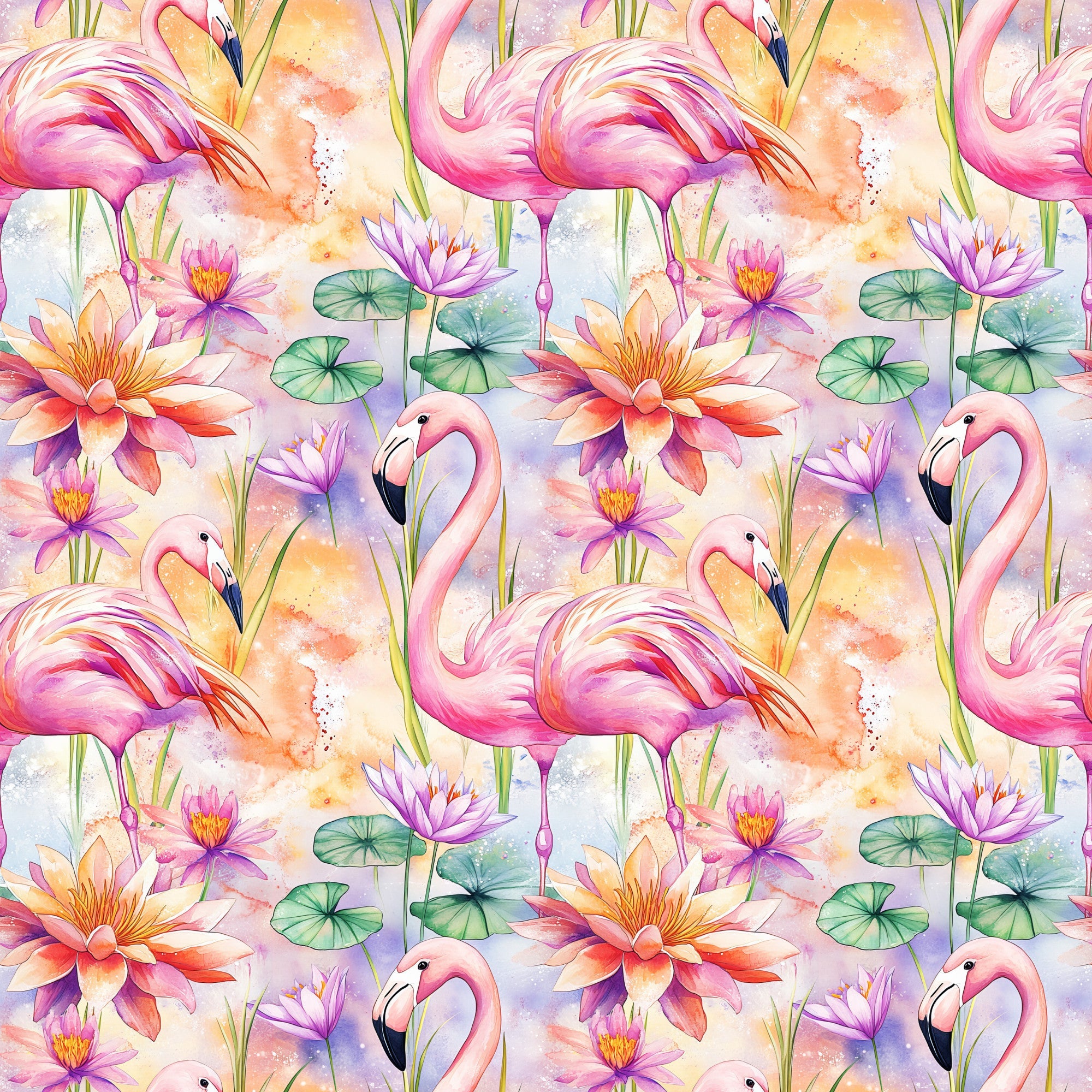 pink flamingos, water lilies, lotus flowers, lily pads, tropical birds, watercolor style, pastel colors, coral pink, lavender purple, sage green, peach orange, aquatic plants, exotic birds, floral pattern, repeating design,, fabric panel, tropical theme, botanical elements, whimsical artwork