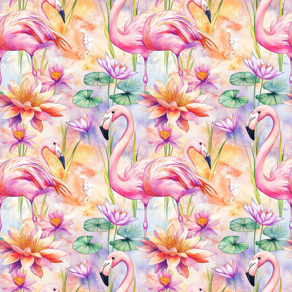 Pink Lagoon Blooms Pattern 1 pink flamingos, lotus flowers and lily pads in a soft watercolor palette on minky fabric