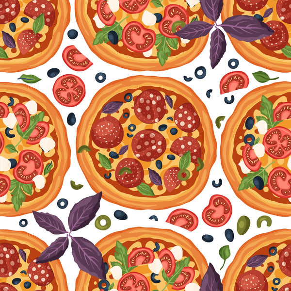 pizza pattern,, fabric panel, red pepperoni, orange crust, yellow cheese, green basil, purple leaves, tomato slices, black olives, white mozzarella, food illustration, italian cuisine, repeating pattern, bright colors, cooking theme, kitchen motif, culinary design, appetizing graphics