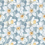 white daffodils, golden yellow centers, soft blue background, pale blue, cream white, spring flowers, daffodil pattern, floral design, botanical print, nature theme, elegant style, traditional floral, spring season, nursery decor, baby room, soft pastels, delicate flowers, garden flowers, timeless design, classic floral, feminine style, peaceful design, serene pattern, spring garden, light blue, butter yellow, cottage core, whimsical florals, romantic style, easter theme