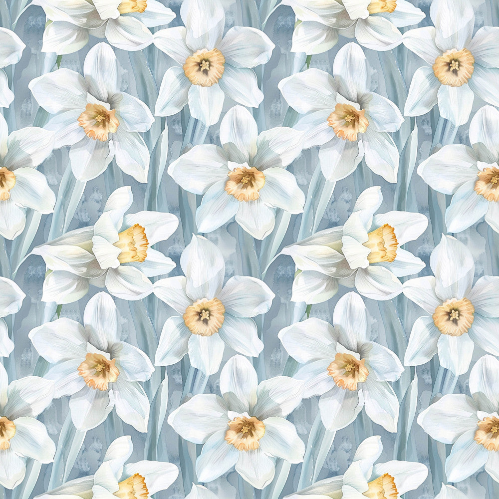 white daffodils, golden yellow centers, soft blue background, pale blue, cream white, spring flowers, daffodil pattern, floral design, botanical print, nature theme, elegant style, traditional floral, spring season, nursery decor, baby room, soft pastels, delicate flowers, garden flowers, timeless design, classic floral, feminine style, peaceful design, serene pattern, spring garden, light blue, butter yellow, cottage core, whimsical florals, romantic style, easter theme