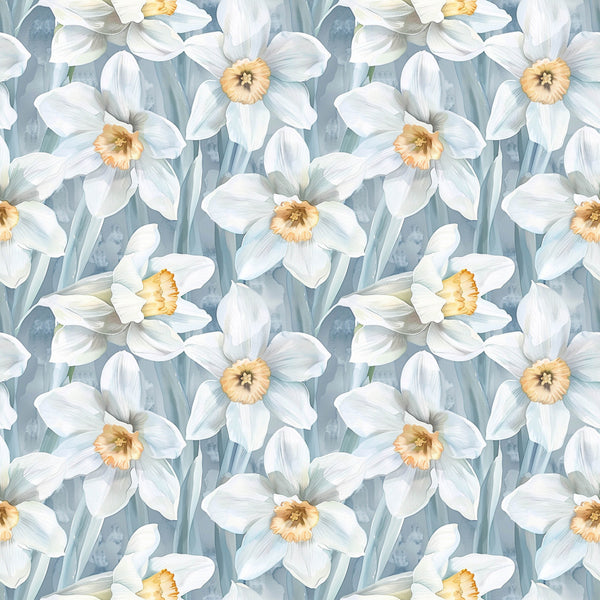 white daffodils, golden yellow centers, soft blue background, pale blue, cream white, spring flowers, daffodil pattern, floral design, botanical print, nature theme, elegant style, traditional floral, spring season, nursery decor, baby room, soft pastels, delicate flowers, garden flowers, timeless design, classic floral, feminine style, peaceful design, serene pattern, spring garden, light blue, butter yellow, cottage core, whimsical florals, romantic style, easter theme