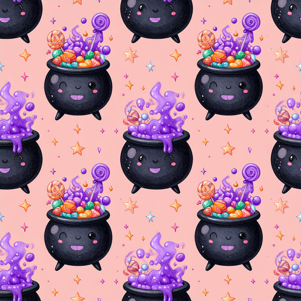 black cauldron, candy, cute, whimsical, magic, magical, purple, pink, pastel pink, orange, colorful, stars, sparkles, lollipop, playroom, kids room, children's, halloween, witchy, enchanted, fun, playful, modern, bright, cheerful, fantasy, charming, sweet treats, bubbles