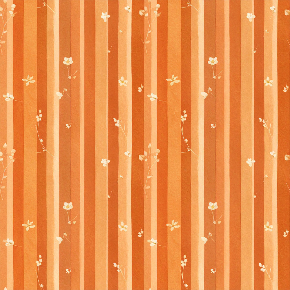burnt orange, coral orange, peach, cream, tan, striped, floral, delicate flowers, vertical stripes, nature, botanical, spring, summer, modern, soft, feminine, elegant, minimalist, baby girl, nursery, toddler room, kids room, whimsical, vintage floral, garden, baby shower, daisy, small blooms, warm tones, light and airy