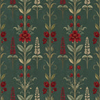 forest green, deep teal, burgundy red, cream, gold, botanical, floral, vintage, elegant, traditional, nature, flowers, red flowers, tall flowers, spike flowers, leaves, foliage, garden, botanical illustration, classical, timeless, romantic, sophisticated, ornamental, decorative, spring, summer, home decor, upholstery, damask style