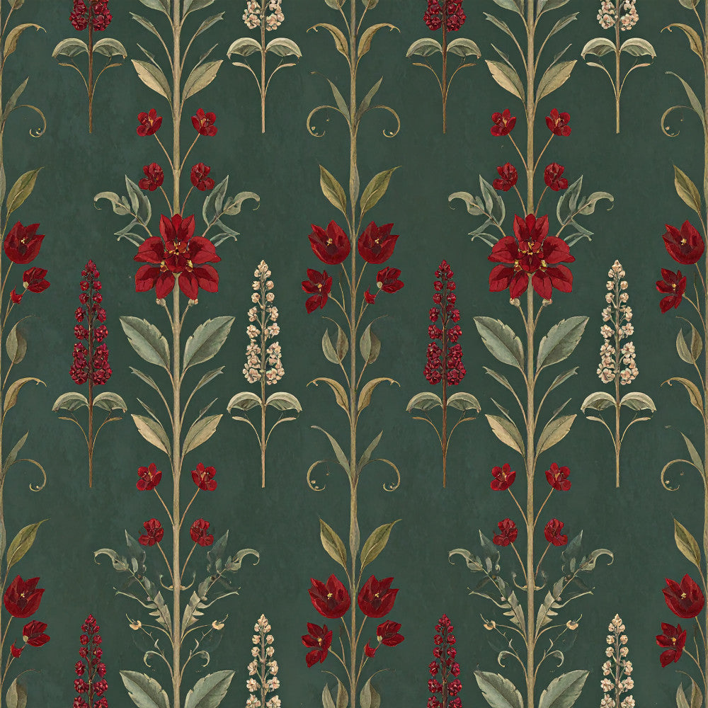 forest green, deep teal, burgundy red, cream, gold, botanical, floral, vintage, elegant, traditional, nature, flowers, red flowers, tall flowers, spike flowers, leaves, foliage, garden, botanical illustration, classical, timeless, romantic, sophisticated, ornamental, decorative, spring, summer, home decor, upholstery, damask style