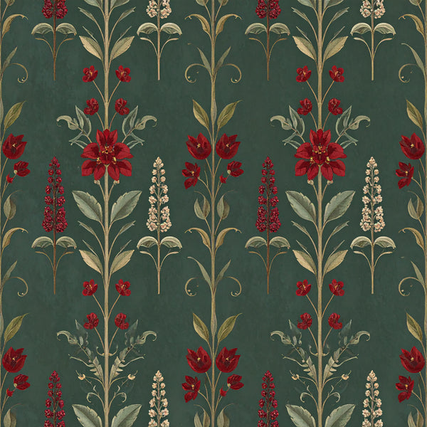 forest green, deep teal, burgundy red, cream, gold, botanical, floral, vintage, elegant, traditional, nature, flowers, red flowers, tall flowers, spike flowers, leaves, foliage, garden, botanical illustration, classical, timeless, romantic, sophisticated, ornamental, decorative, spring, summer, home decor, upholstery, damask style