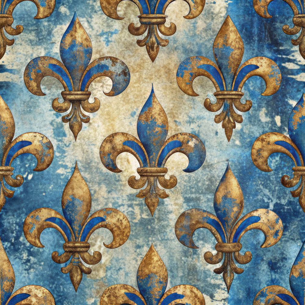 royal blue, gold, bronze, cream, vintage blue, distressed, fleur de lis, damask, baroque, ornamental, elegant, luxurious, traditional, regal, french inspired, heraldic, decorative, metallic accents, patterned, classic, sophisticated, european, imperial, ornate motifs, heritage design, timeless, formal wear