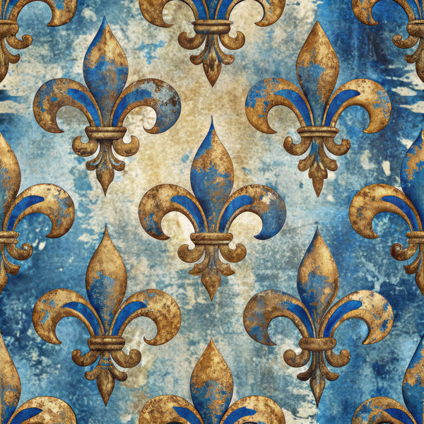 royal blue, gold, bronze, cream, vintage blue, distressed, fleur de lis, damask, baroque, ornamental, elegant, luxurious, traditional, regal, french inspired, heraldic, decorative, metallic accents, patterned, classic, sophisticated, european, imperial, ornate motifs, heritage design, timeless, formal wear