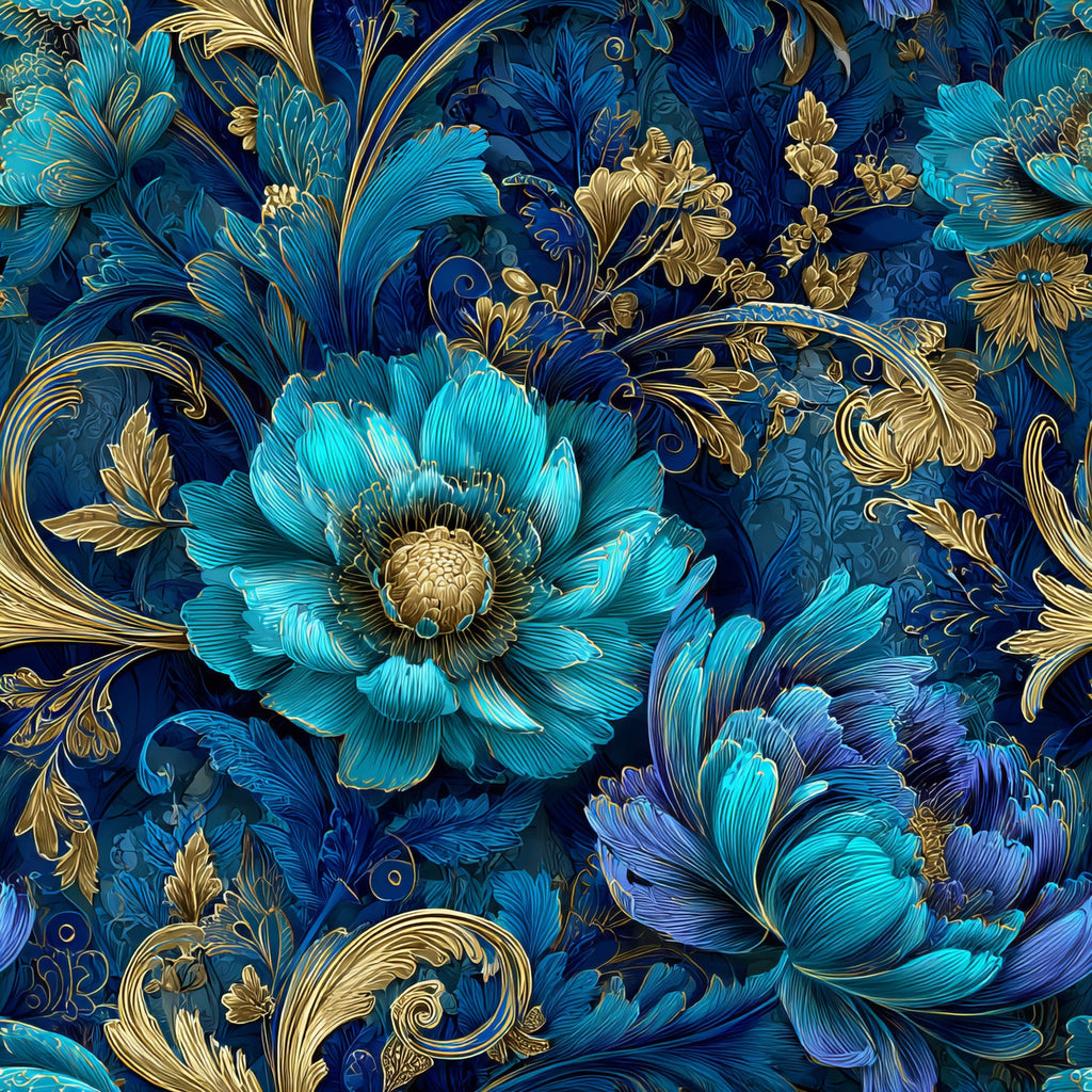 navy blue, turquoise, gold accents, ornamental florals, large blooms, decorative scrollwork, baroque style, luxurious pattern,, fabric panel, elegant design, detailed petals, swirling vines, royal blue, metallic highlights, sophisticated motifs, intricate artwork, floral fantasy