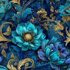 navy blue, turquoise, gold accents, ornamental florals, large blooms, decorative scrollwork, baroque style, luxurious pattern,, fabric panel, elegant design, detailed petals, swirling vines, royal blue, metallic highlights, sophisticated motifs, intricate artwork, floral fantasy