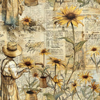 farm life,, fabric panel, yellow flowers, sunflowers, golden yellow, cream, beige, brown, vintage style, newspaper background, straw hat, watering can, gardening tools, rustic charm, country living, floral motifs, autumn colors, weathered look, pastoral scene