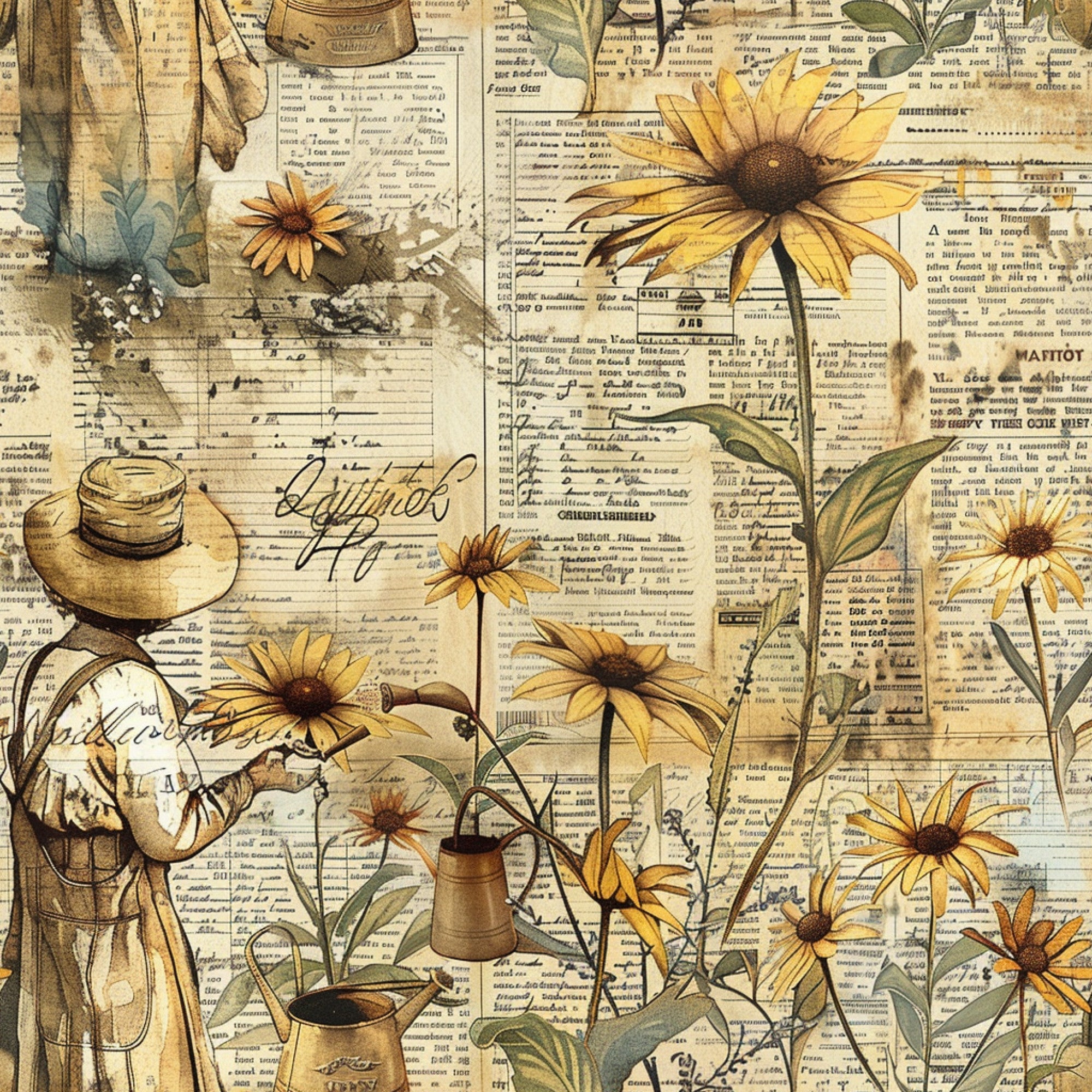 farm life,, fabric panel, yellow flowers, sunflowers, golden yellow, cream, beige, brown, vintage style, newspaper background, straw hat, watering can, gardening tools, rustic charm, country living, floral motifs, autumn colors, weathered look, pastoral scene