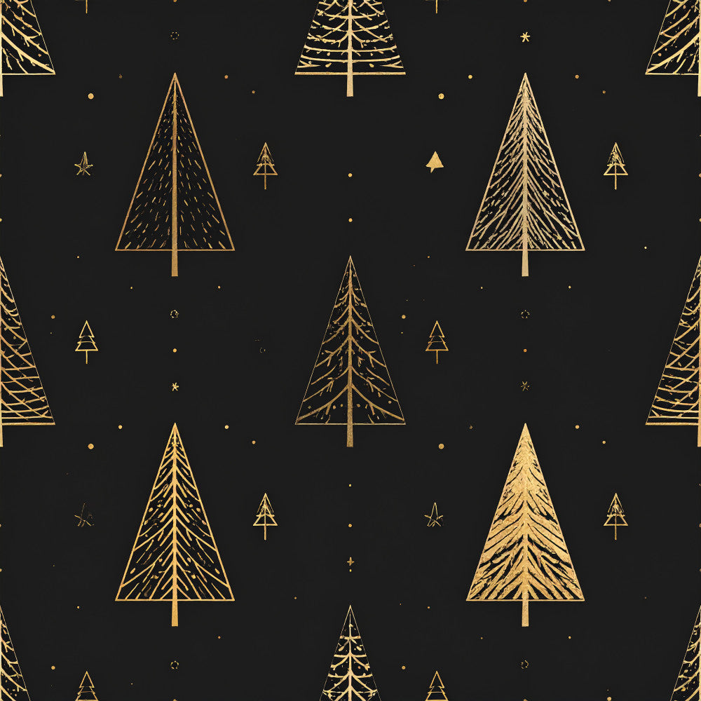 gold, black, christmas, holiday, winter, evergreen trees, pine trees, forest, celestial, stars, elegant, modern, geometric, line art, minimalist, festive, metallic gold, dark background, nature, woodland, luxury, sophisticated, contemporary, traditional, seasonal, tree motif, starry, nighttime, decorative, upscale design