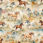 wild horses, watercolor style, brown horses, white horses, galloping horses, running horses, pastoral scene, earth tones, beige background, rustic landscape, equestrian theme, cotton fabric, quilting panel, western motif, nature scene, soft brushstrokes, artistic illustration, countryside setting, horse silhouettes, flowing manes