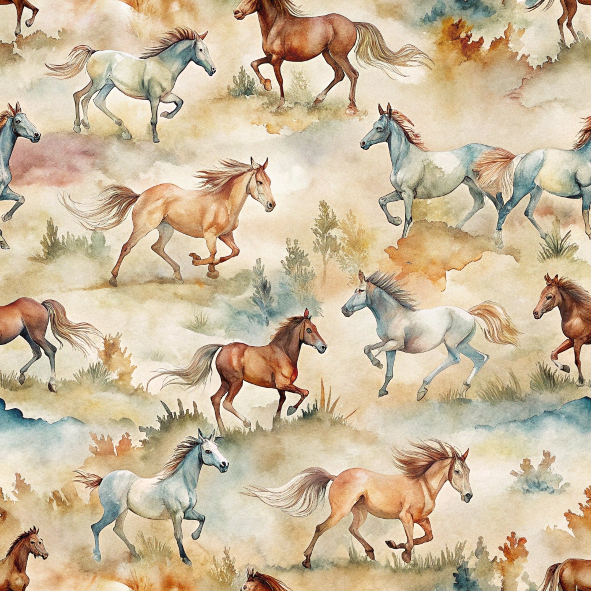 wild horses, watercolor style, brown horses, white horses, galloping horses, running horses, pastoral scene, earth tones, beige background, rustic landscape, equestrian theme, cotton fabric, quilting panel, western motif, nature scene, soft brushstrokes, artistic illustration, countryside setting, horse silhouettes, flowing manes