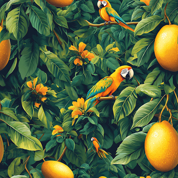 tropical pattern, mango fruits, colorful parrots, macaw birds, lush foliage, green leaves, orange flowers, yellow oranges, vibrant colors, jungle theme, exotic birds, botanical design,, fabric panel, nature scene, tropical paradise, bright yellows, deep greens, orange accents, repeating pattern