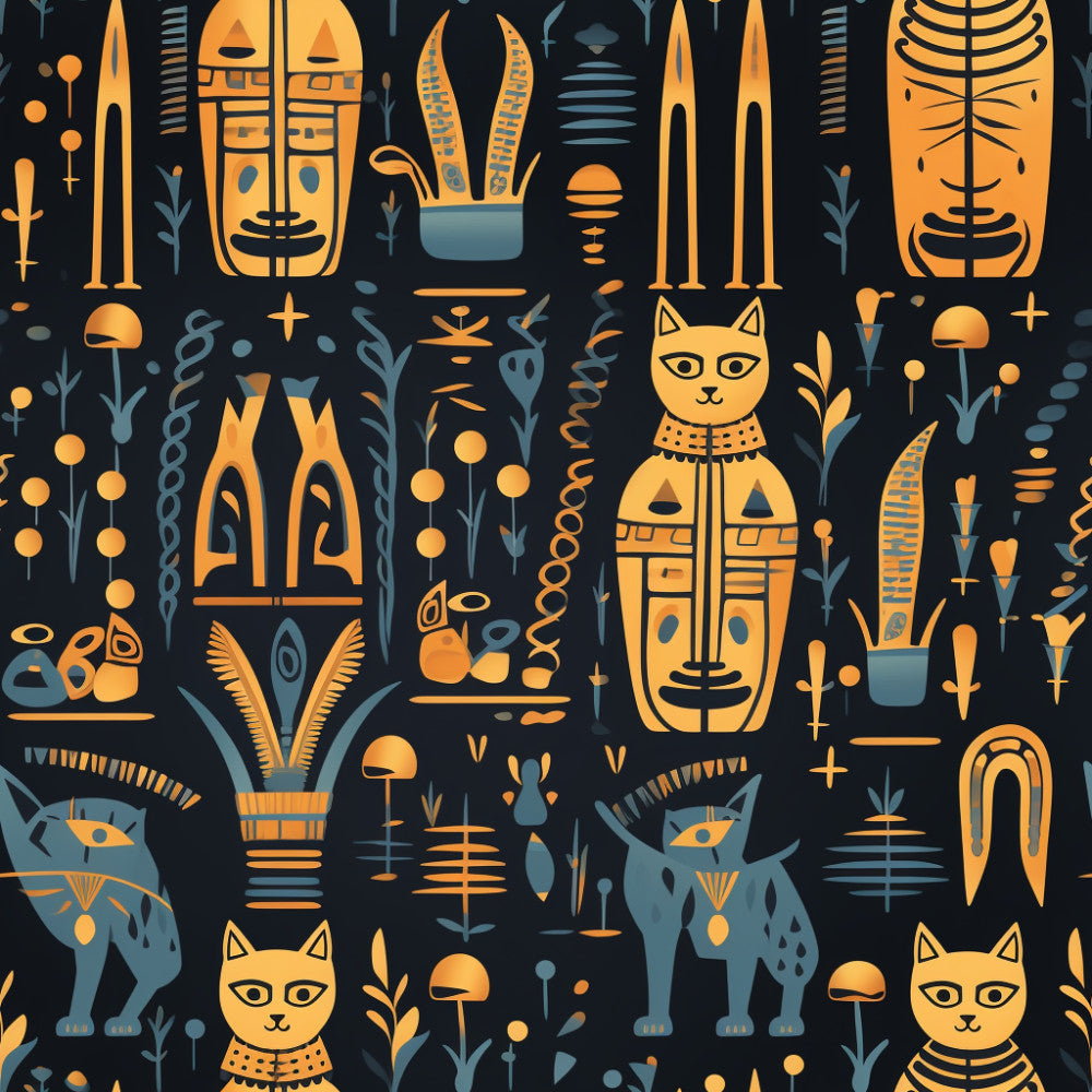 gold, navy blue, dark teal, egyptian, pharaoh, cat, feline, hieroglyphics, ancient egypt, mystical, exotic, decorative, geometric, symbolic, occult, witchy, magical, celestial, spiritual, bohemian, whimsical, vintage, art deco, dark academia, cat lover, mythology, ornamental, patterned, bold, striking