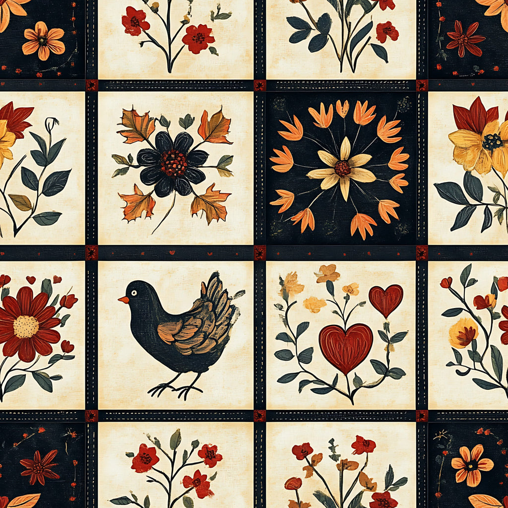 autumn colors, floral motifs, bird design, heart shapes,, fabric panel, folk art style, rustic charm, orange flowers, red blooms, navy blue, cream background, decorative stitching, country style, harvest theme, applique designs, botanical elements, warm tones, patchwork squares, handcrafted look