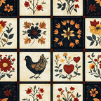 autumn colors, floral motifs, bird design, heart shapes,, fabric panel, folk art style, rustic charm, orange flowers, red blooms, navy blue, cream background, decorative stitching, country style, harvest theme, applique designs, botanical elements, warm tones, patchwork squares, handcrafted look