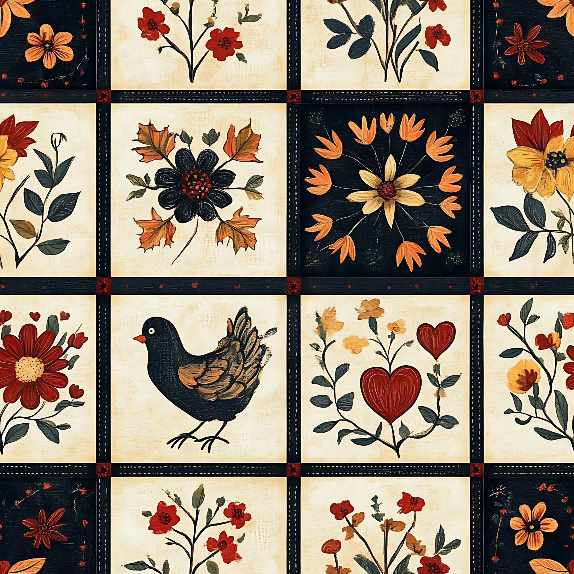 autumn colors, floral motifs, bird design, heart shapes,, fabric panel, folk art style, rustic charm, orange flowers, red blooms, navy blue, cream background, decorative stitching, country style, harvest theme, applique designs, botanical elements, warm tones, patchwork squares, handcrafted look