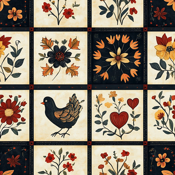 autumn colors, floral motifs, bird design, heart shapes,, fabric panel, folk art style, rustic charm, orange flowers, red blooms, navy blue, cream background, decorative stitching, country style, harvest theme, applique designs, botanical elements, warm tones, patchwork squares, handcrafted look