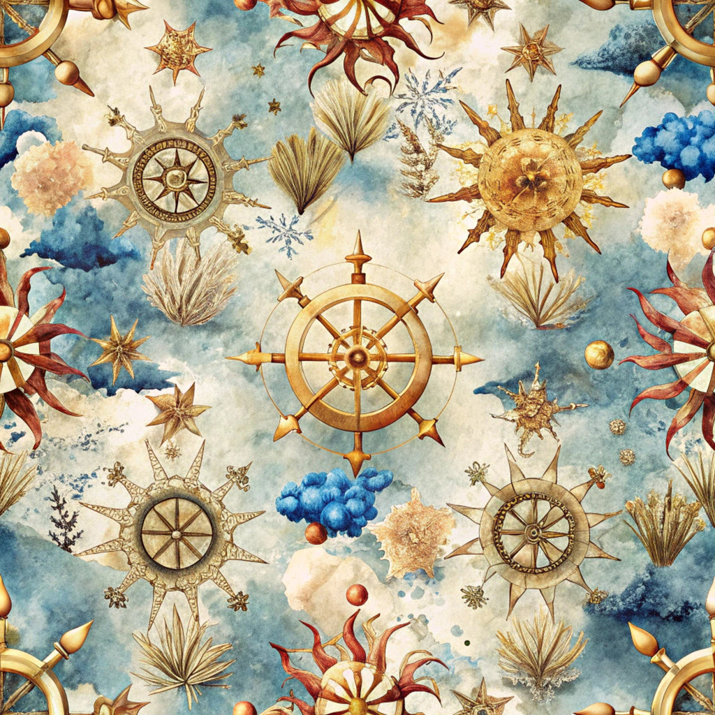 nautical pattern, compass roses, celestial sun, golden stars, blue clouds, seashells, coral elements, watercolor style, maritime theme, ship wheels, ocean motifs,, fabric panel, vintage navigation, sky blue, warm gold, cream background, whimsical design, sea adventure, decorative stars