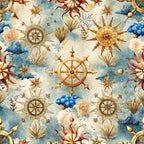 nautical pattern, compass roses, celestial sun, golden stars, blue clouds, seashells, coral elements, watercolor style, maritime theme, ship wheels, ocean motifs,, fabric panel, vintage navigation, sky blue, warm gold, cream background, whimsical design, sea adventure, decorative stars