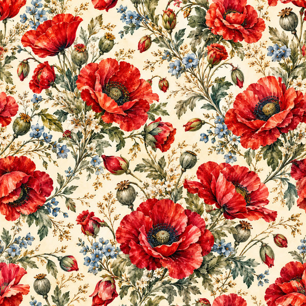 red poppies, cream background, blue flowers, floral pattern, vintage floral, botanical, nature theme, garden flowers, traditional style, elegant design, romantic style, classic floral, poppy flowers, red and cream, blue accents, gold highlights, spring flowers, summer flowers, cottage core, farmhouse style, nostalgic, timeless design, wildflowers, multi-colored florals, detailed illustration, botanical print, living room decor, home decor, quilt backing, bedding fabric