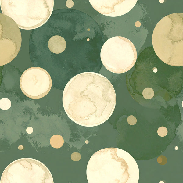 forest green, sage green, cream, ivory, beige, tan, celestial, moon phases, planets, abstract, modern, minimalist, geometric circles, watercolor, muted tones, nursery, baby room, kids room, whimsical, dreamy, space theme, night sky, soft, calming, gender neutral, celestial bodies, dotted pattern, scattered design