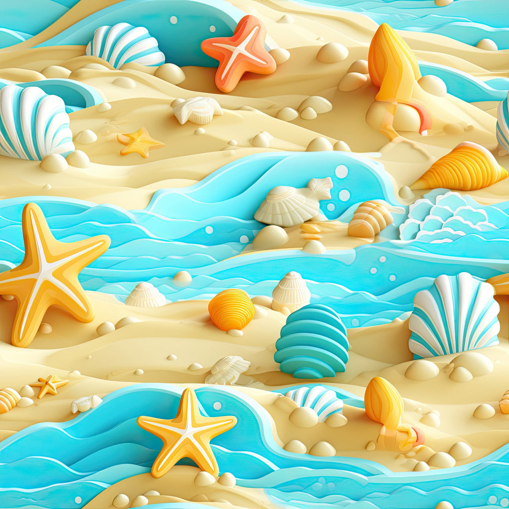 turquoise, cream, orange, golden yellow, beach scene, seashells, starfish, ocean waves, sand, coastal theme,, fabric panel, tropical, summer, marine life, flowing waves, beach treasures, nautical, seaside pattern, coral accents
