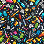 back to school, school supplies, scattered pattern, black background, bright colors, rainbow colors, pens, pencils, rulers, scissors, paper clips, notebooks, erasers, paintbrushes, geometric shapes, educational theme, cotton fabric, quilting panel, craft supplies, stationery items, colorful illustration, seamless repeat
