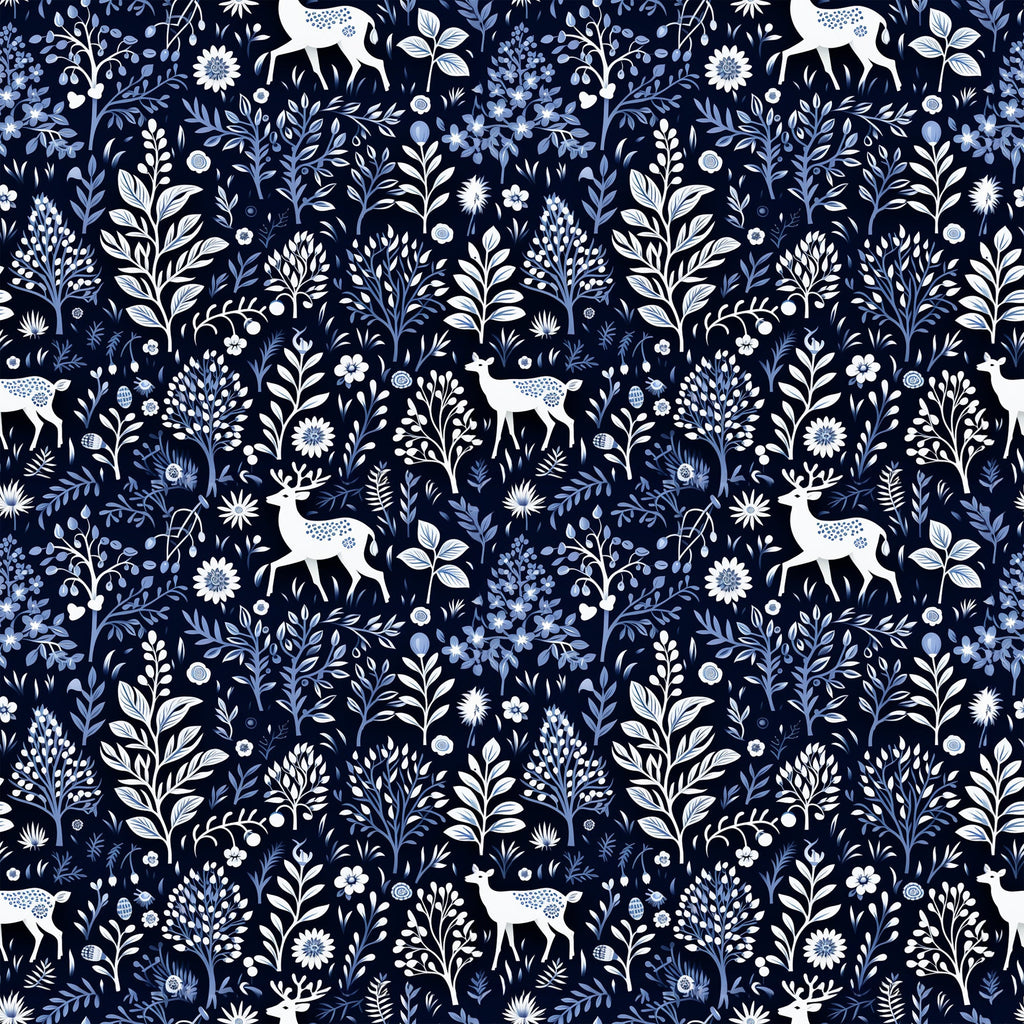 delft blue, navy background, white deer, floral motifs, botanical pattern, winter woodland, silhouette animals, folk art style,, fabric panel, seamless repeat, nature design, decorative florals, stag silhouettes, blue and white, cotton fabric, winter theme, woodland creatures, intricate details