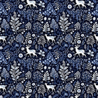 delft blue, navy background, white deer, floral motifs, botanical pattern, winter woodland, silhouette animals, folk art style,, fabric panel, seamless repeat, nature design, decorative florals, stag silhouettes, blue and white, cotton fabric, winter theme, woodland creatures, intricate details