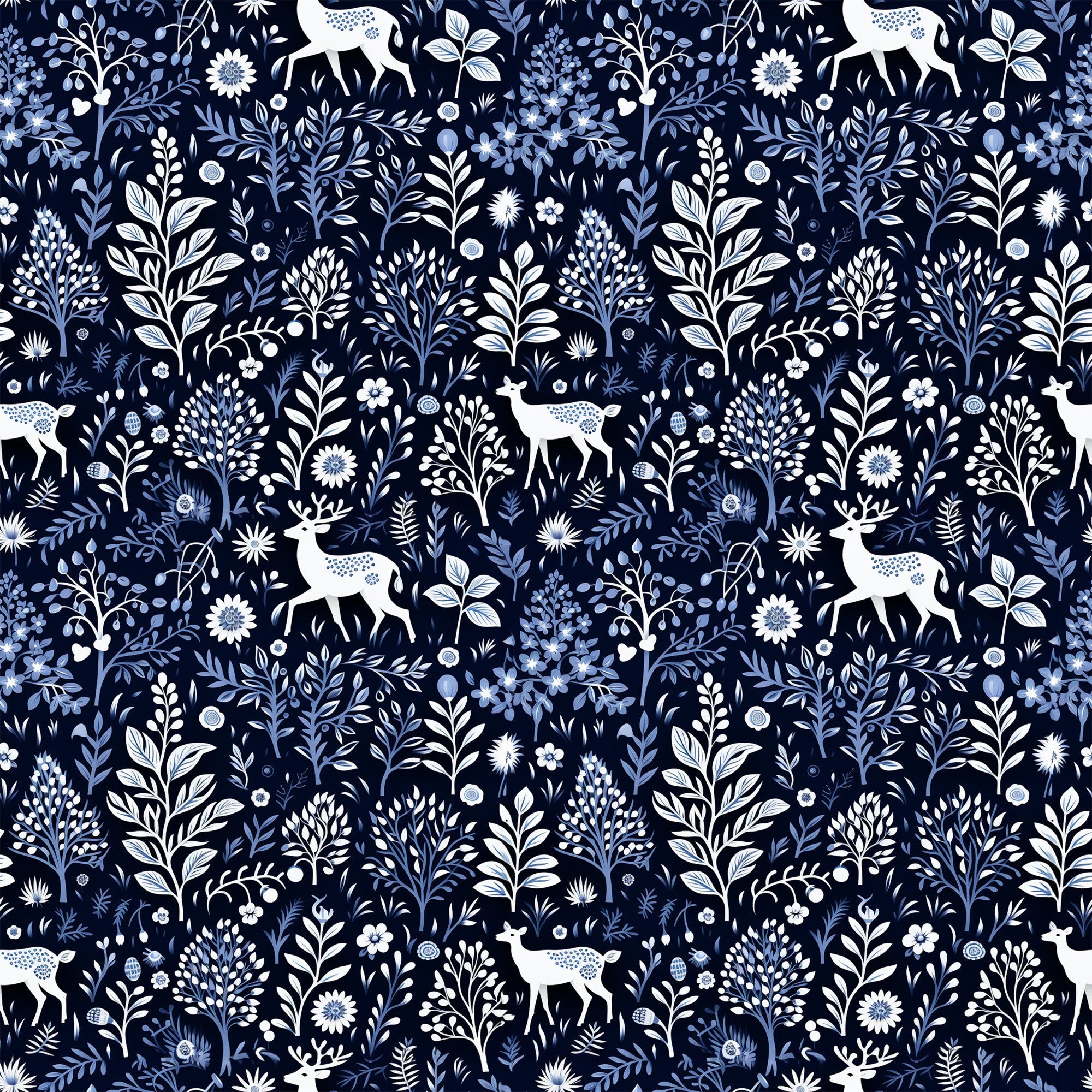 delft blue, navy background, white deer, floral motifs, botanical pattern, winter woodland, silhouette animals, folk art style,, fabric panel, seamless repeat, nature design, decorative florals, stag silhouettes, blue and white, cotton fabric, winter theme, woodland creatures, intricate details