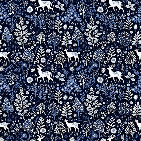 delft blue, navy background, white deer, floral motifs, botanical pattern, winter woodland, silhouette animals, folk art style,, fabric panel, seamless repeat, nature design, decorative florals, stag silhouettes, blue and white, cotton fabric, winter theme, woodland creatures, intricate details