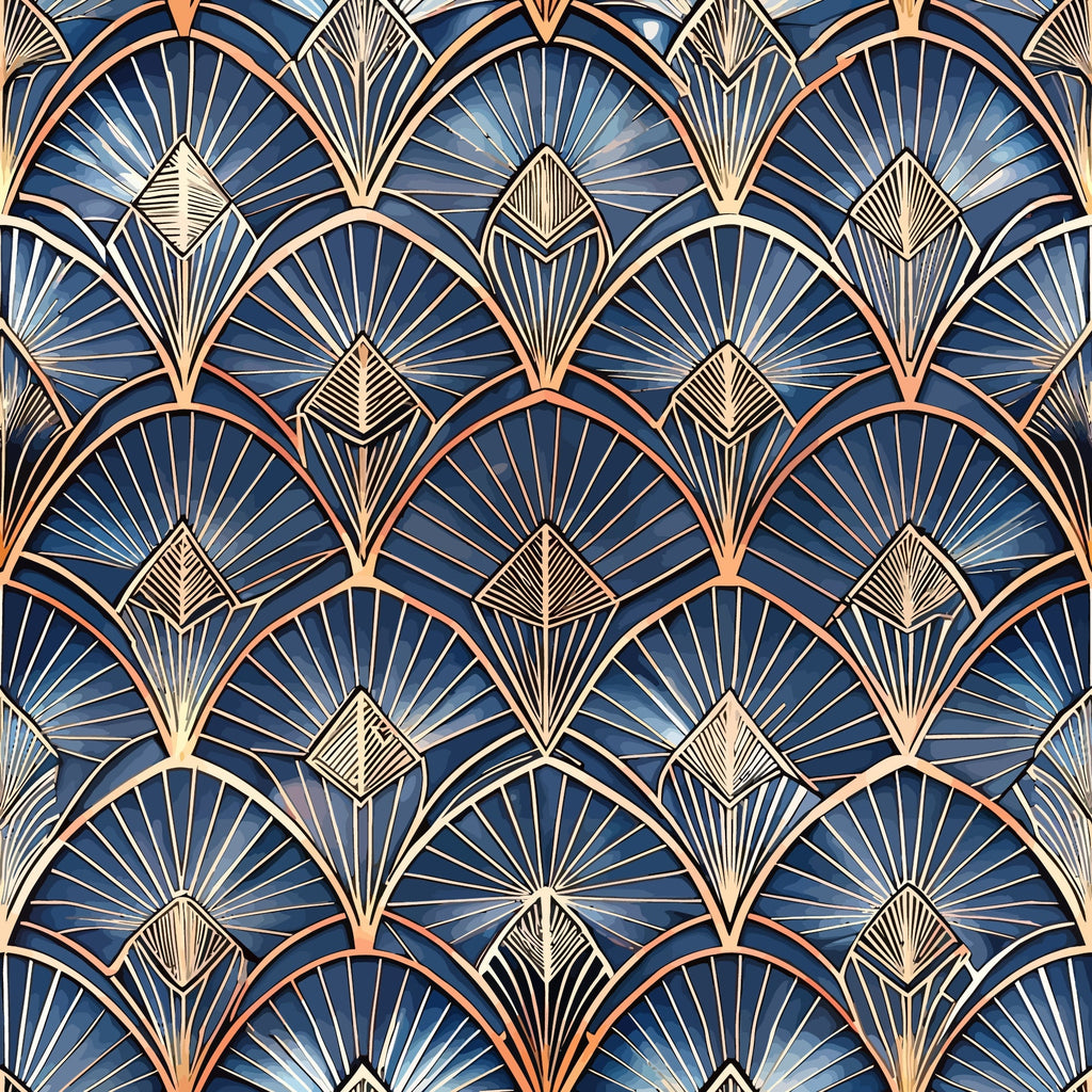 navy blue, copper, gold, fan pattern, geometric design, art deco, radiating lines, scalloped arches, metallic accents,, fabric panel, sunburst motif, overlapping fans, dimensional pattern, luxury design, vintage style, repeating pattern, ornate details, peacock feathers