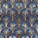 navy blue, copper, gold, fan pattern, geometric design, art deco, radiating lines, scalloped arches, metallic accents,, fabric panel, sunburst motif, overlapping fans, dimensional pattern, luxury design, vintage style, repeating pattern, ornate details, peacock feathers