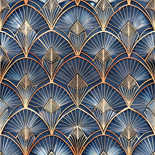 navy blue, copper, gold, fan pattern, geometric design, art deco, radiating lines, scalloped arches, metallic accents,, fabric panel, sunburst motif, overlapping fans, dimensional pattern, luxury design, vintage style, repeating pattern, ornate details, peacock feathers