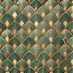 art deco, geometric pattern, fan motif, scalloped design, emerald green, forest green, gold accents, bronze tones, cream highlights, radiating lines, overlapping scales, vintage style, 1920s inspired,, fabric panel, repetitive pattern, luxurious feel, peacock feathers, shell pattern, ornate design