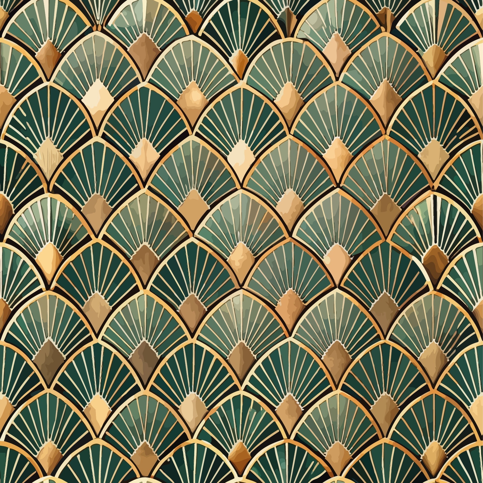 art deco, geometric pattern, fan motif, scalloped design, emerald green, forest green, gold accents, bronze tones, cream highlights, radiating lines, overlapping scales, vintage style, 1920s inspired,, fabric panel, repetitive pattern, luxurious feel, peacock feathers, shell pattern, ornate design