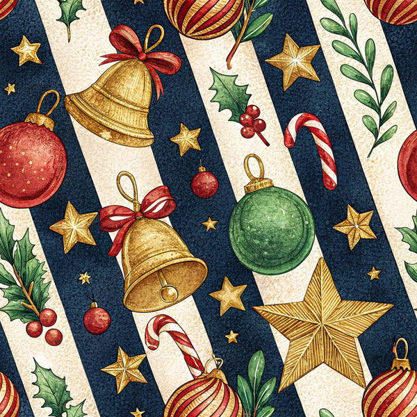 christmas ornaments, holiday bells, candy canes, golden stars, holly berries, green foliage, red ornaments, navy blue background, cream stripes,, fabric panel, festive pattern, winter theme, decorative baubles, striped ornaments, christmas decoration, seasonal motifs, holiday crafting, watercolor style, vintage aesthetic