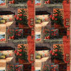 coral red, terracotta, cream, sage green, floral arrangements, potted plants, roses, tulips, vintage frames, cottage style, rustic shelving,, fabric panel, botanical motifs, country garden, warm tones, cozy interior, vintage artwork, cottagecore aesthetic, repeating pattern