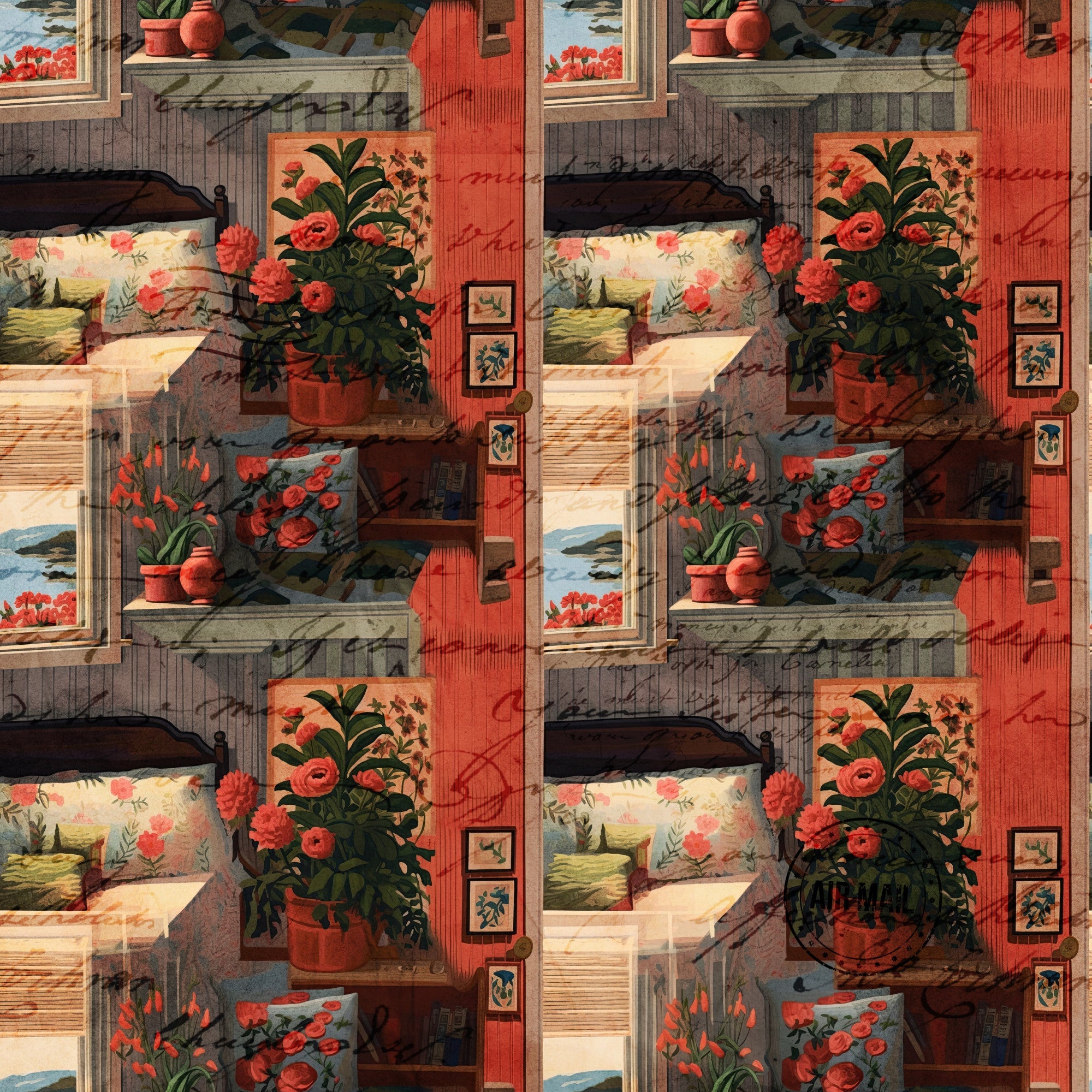 coral red, terracotta, cream, sage green, floral arrangements, potted plants, roses, tulips, vintage frames, cottage style, rustic shelving,, fabric panel, botanical motifs, country garden, warm tones, cozy interior, vintage artwork, cottagecore aesthetic, repeating pattern