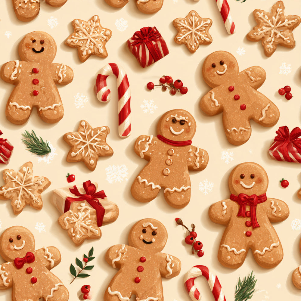 gingerbread, cream, tan, beige, red, white, holiday, christmas, festive, candy cane, snowflake, gingerbread man, cookies, whimsical, traditional, seasonal, winter, decorative, kids, children, playroom, cheerful, sweet, baking, treats, striped, cute, jolly, red bow, berries