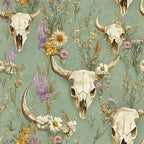 sage green, cream, purple, yellow, animal skulls, cow skulls, horns, wildflowers, daisies, lavender, western pattern, boho style, rustic design,, fabric panel, floral motifs, southwestern theme, vintage illustration, prairie flowers, bohemian aesthetic