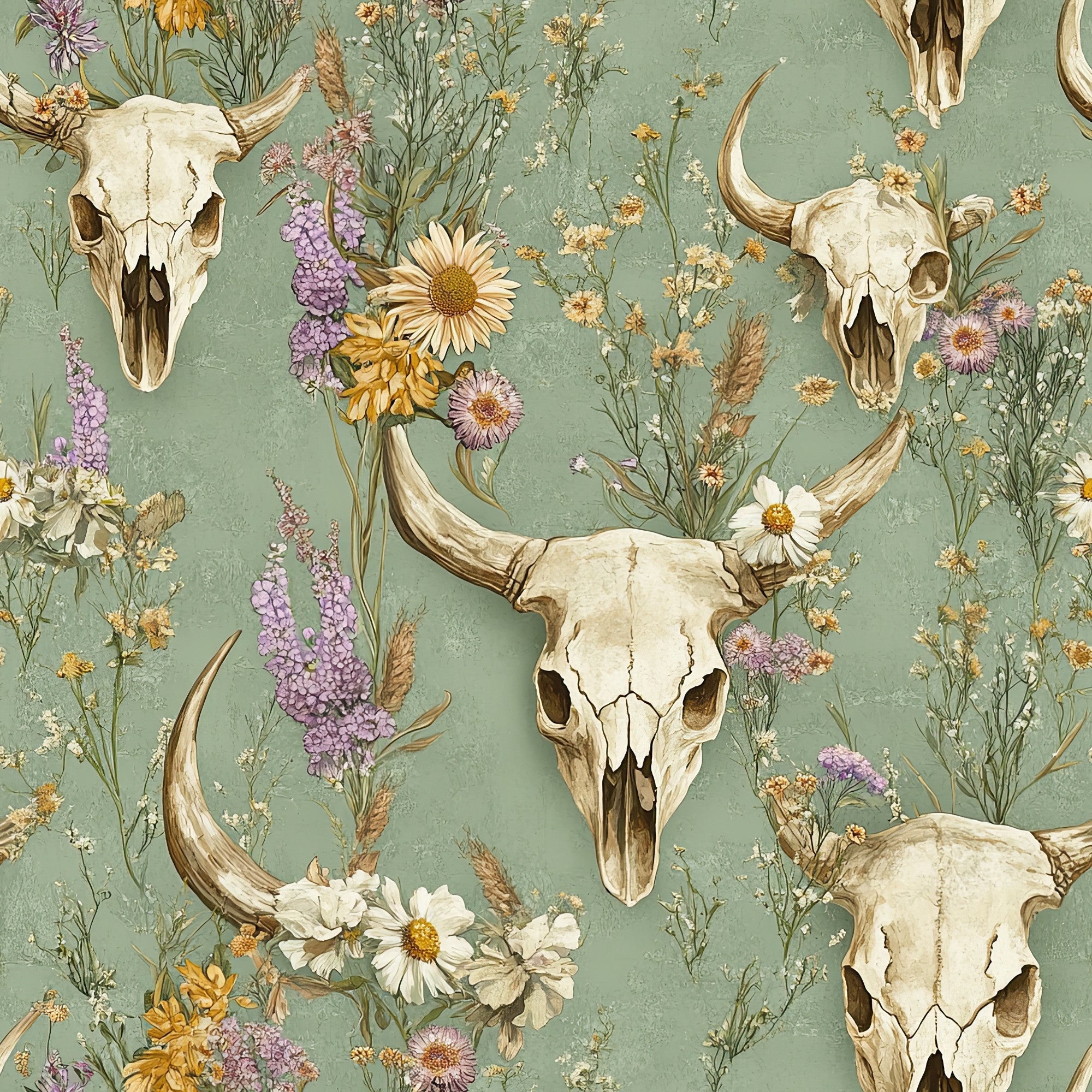 sage green, cream, purple, yellow, animal skulls, cow skulls, horns, wildflowers, daisies, lavender, western pattern, boho style, rustic design,, fabric panel, floral motifs, southwestern theme, vintage illustration, prairie flowers, bohemian aesthetic